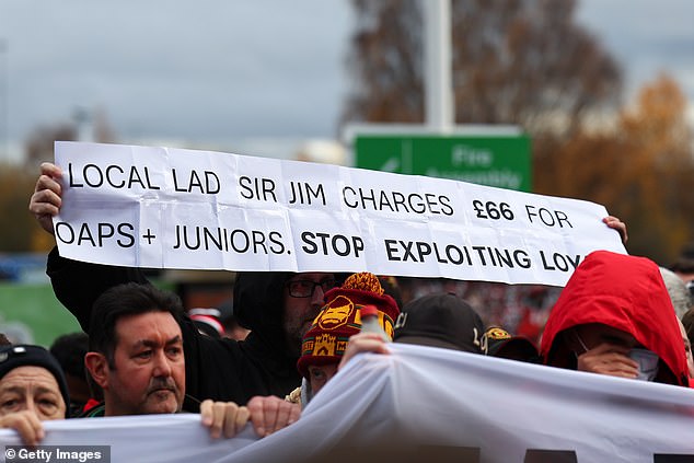 One banner read: 'Local boy Sir Jim charges £66 for OAPs + juniors. Stop exploiting loyalty