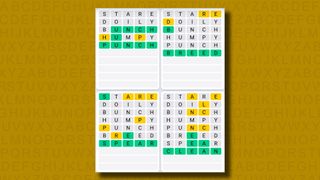 Quordle Daily Sequence answers for game 1044 on a yellow background