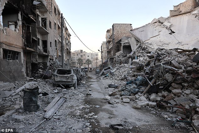 View of damaged buildings after a Russian airstrike in Idlib, northern Syria