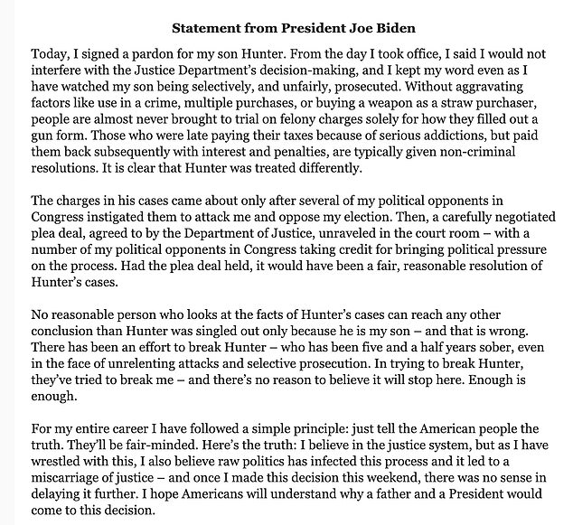 Biden explained his decision to pardon Hunter in a lengthy statement Sunday evening