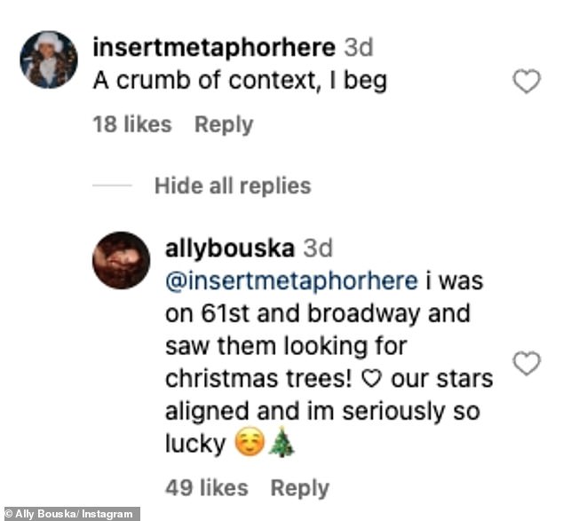 Ally also shared that she ran into the couple at 61st and Broadway and 