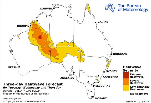 Strong heat waves are expected to hit large parts of inland Australia from Tuesday