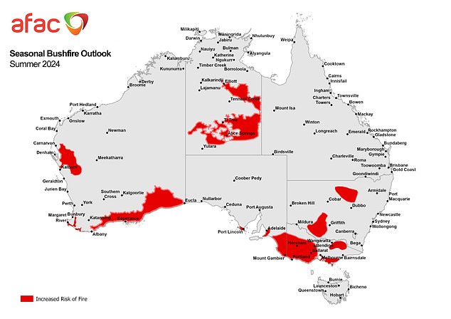 Increased rainfall combined with scorching temperatures has led AFAC to warn several communities (highlighted in red) that they are at increased risk of bushfires this summer