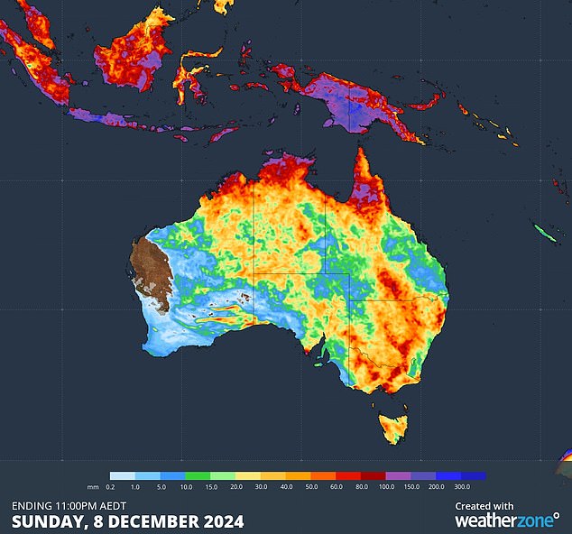 A weather map is shown showing precipitation totals for the week through Sunday