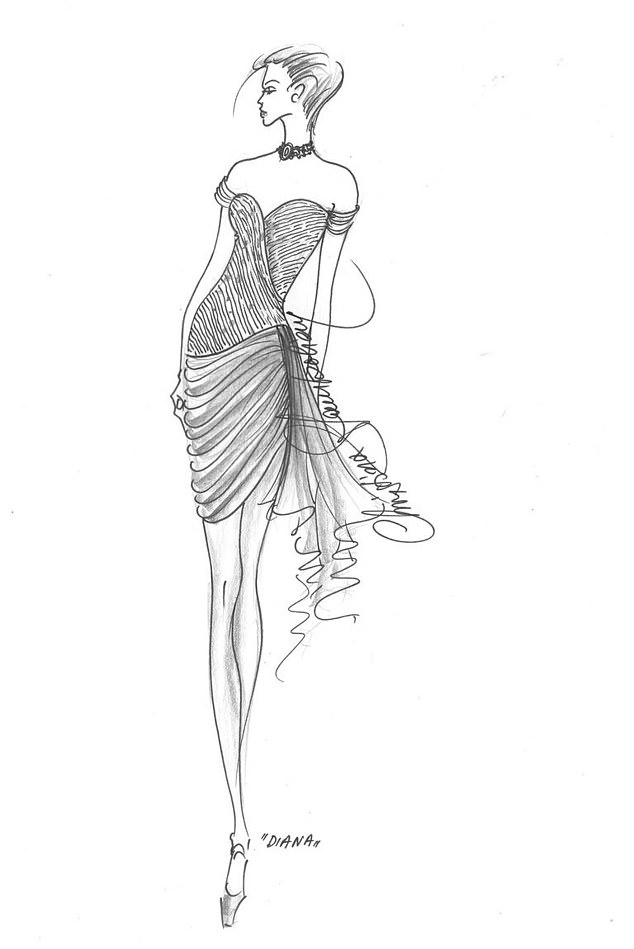 The sketch of Princess Diana's revenge dress by Christina Stambolian from the book Diana: A Life in Dresses by Claudia Joseph