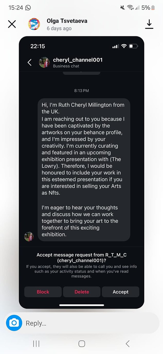 The message the user sent to an artist, who immediately notified Ms. Millington