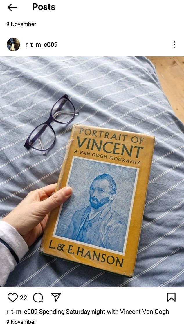 Another post features an image Ms Millington took of her holding a book about Dutch artist Vincent van Gogh