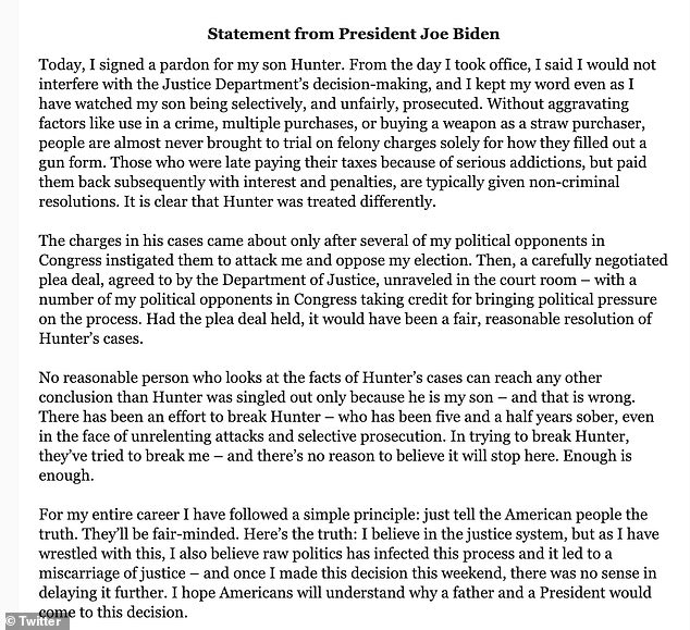 Biden released a statement Sunday evening announcing a pardon for his son Hunter