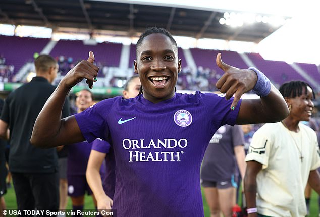 Orlando Pride forward Barbra Banda celebrates beating the Kansas City Current in a NWSL playoff semifinal in November