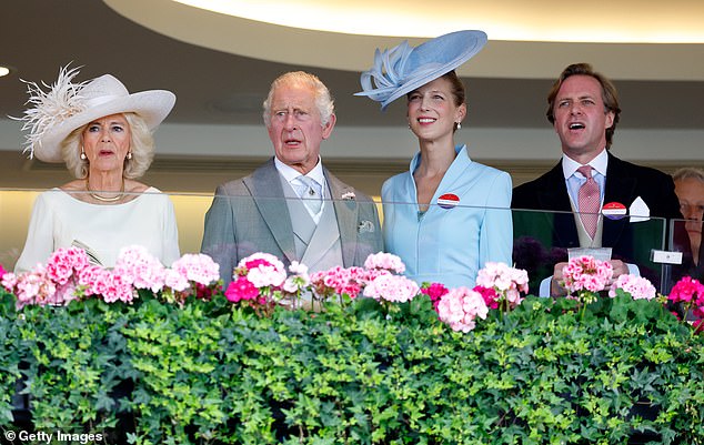 Queen Camilla, King Charles III, Lady Gabriella Windsor and Thomas Kingston watch the race from the Royal Box as they attend Day 5 of Royal Ascot 2023