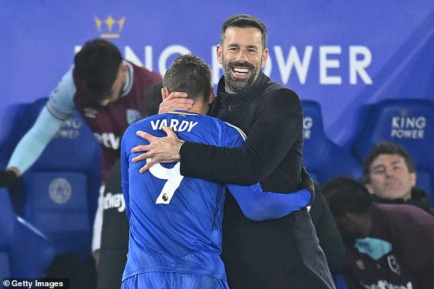 Van Nistelrooy hugged Vardy as the striker came off the pitch during the second half