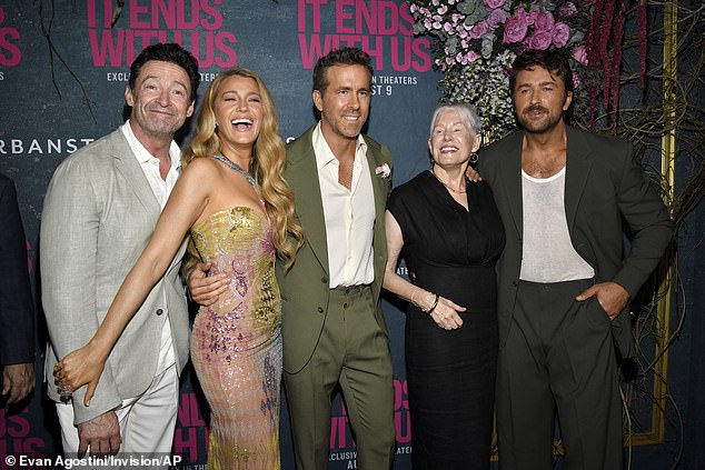 Hugh Jackman, left to right, Blake Lively, Ryan Reynolds, Tammy Reynolds and Randon Skelnar attend the world premiere of It Ends With Us on August 6, 2024