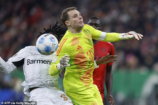 The Bayern Munich goalkeeper was sent off for this challenge on Jeremy Frimpong (left)