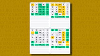 Quordle Daily Sequence answers for game 1045 on a yellow background