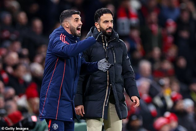 Amorim's assistant Carlos Fernandes (left) will try to ensure United keep Arsenal at bay from set pieces