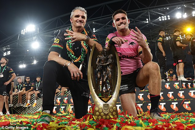 Cleary (pictured with son Nathan after the 2024 NRL final) wants more men to talk about their problems in a bid to save lives