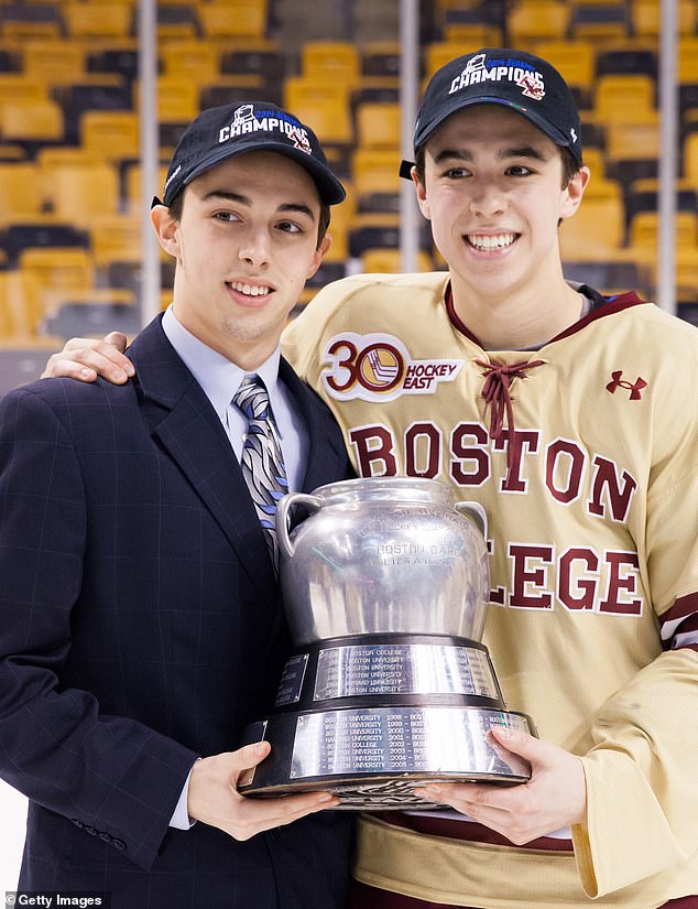 Brothers Johnny Gaudreau (right) and Matthew Gaudreau (left) after a win over Beanpot in 2014