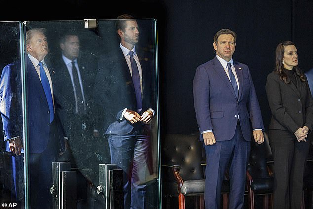 DeSantis (pictured earlier today with Donald and Eric Trump) – who ran against Trump in the Republican primaries before dropping out – could be the choice to replace Hegseth