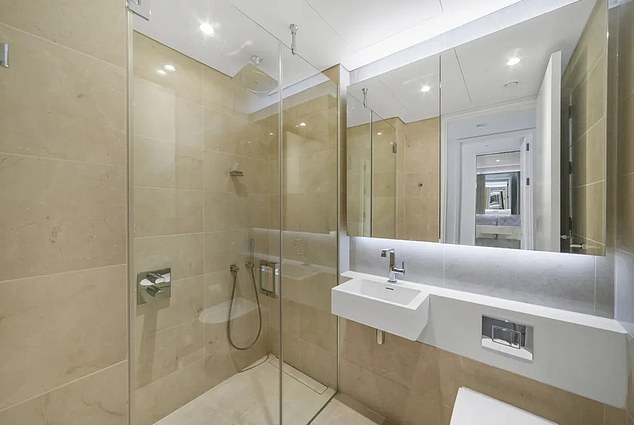 A bathroom in the modern high-rise apartment where Kate had been staying