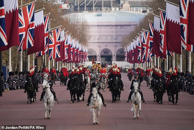 Today King Charles travels in the Irish State Coach with the Emir of Qatar, Sheikh Tamim bin Hamad Al Thani and his wife Sheikha Jawaher, along The Mall to Buckingham Palace