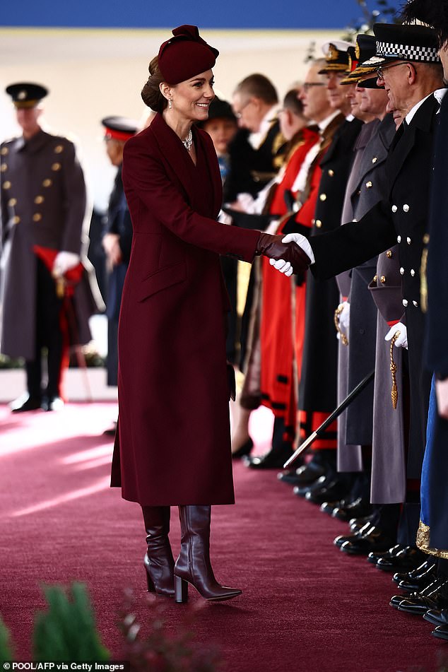 The Princess of Wales attends the ceremonial welcome at the Horse Guards Parade today