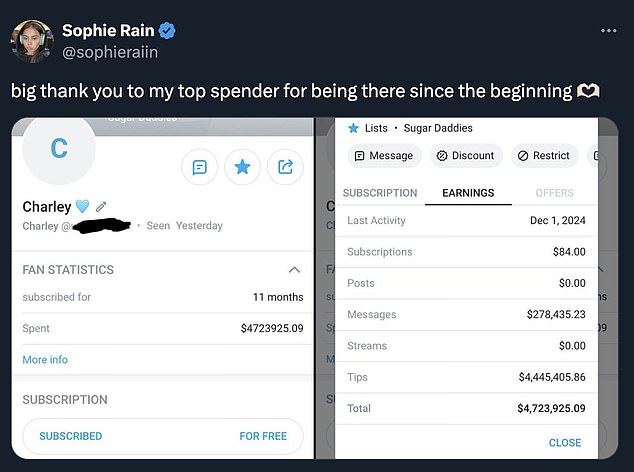 She posted more of her OnlyFans evidence to X this week, revealing that her biggest 'sugar daddy' on the platform had paid her $4.7 million in less than 12 months