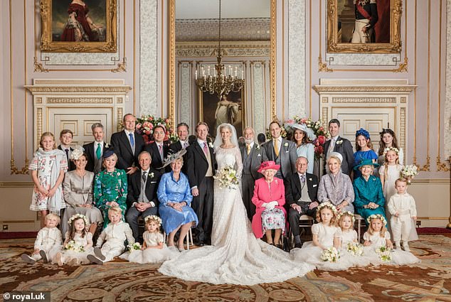 Lady Gabriella and Thomas Kingston had official photos taken on their wedding day - here with the late Queen and Prince Philip to their right