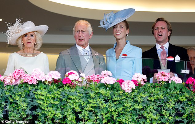 Queen Camilla, King Charles III, Lady Gabriella Windsor and Thomas Kingston watch the race from the Royal Box as they attend Day 5 of Royal Ascot 2023