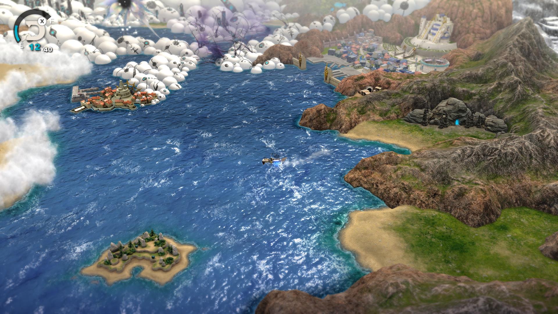 The image shows the player traversing the world map via the Uzra ship in Fantasian Neo Dimension