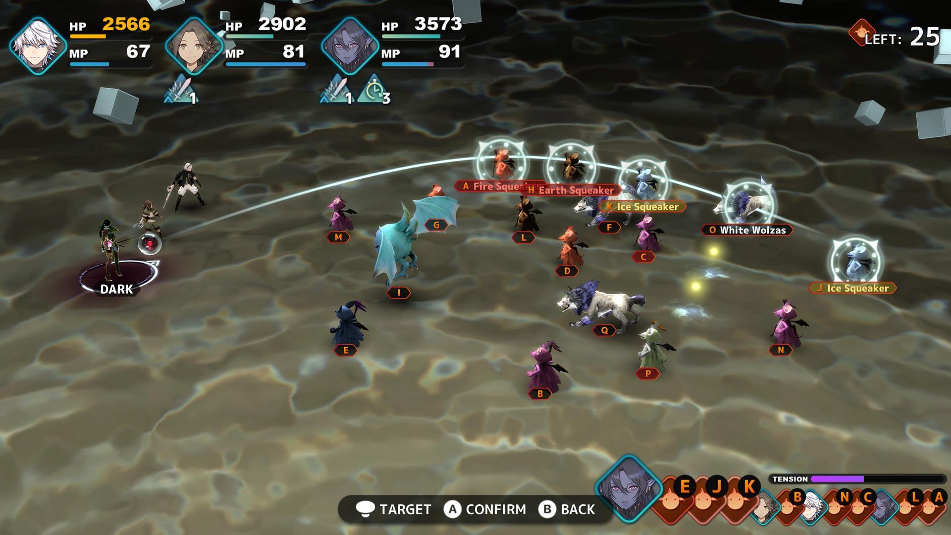 The image shows a Dimengeon battle where the player must take down multiple enemies in Fantasian Neo Dimension