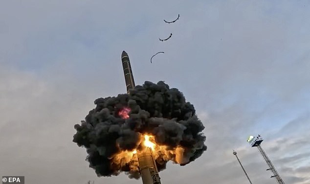 A selection of handout images released by the Russian Defense Ministry on March 1, 2024, showing the test firing of an ICBM from the country's nuclear deterrent forces