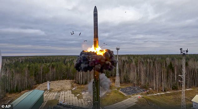 A Yars intercontinental ballistic missile is tested as part of Russian nuclear exercises from a launch site in Plesetsk, northwestern Russia