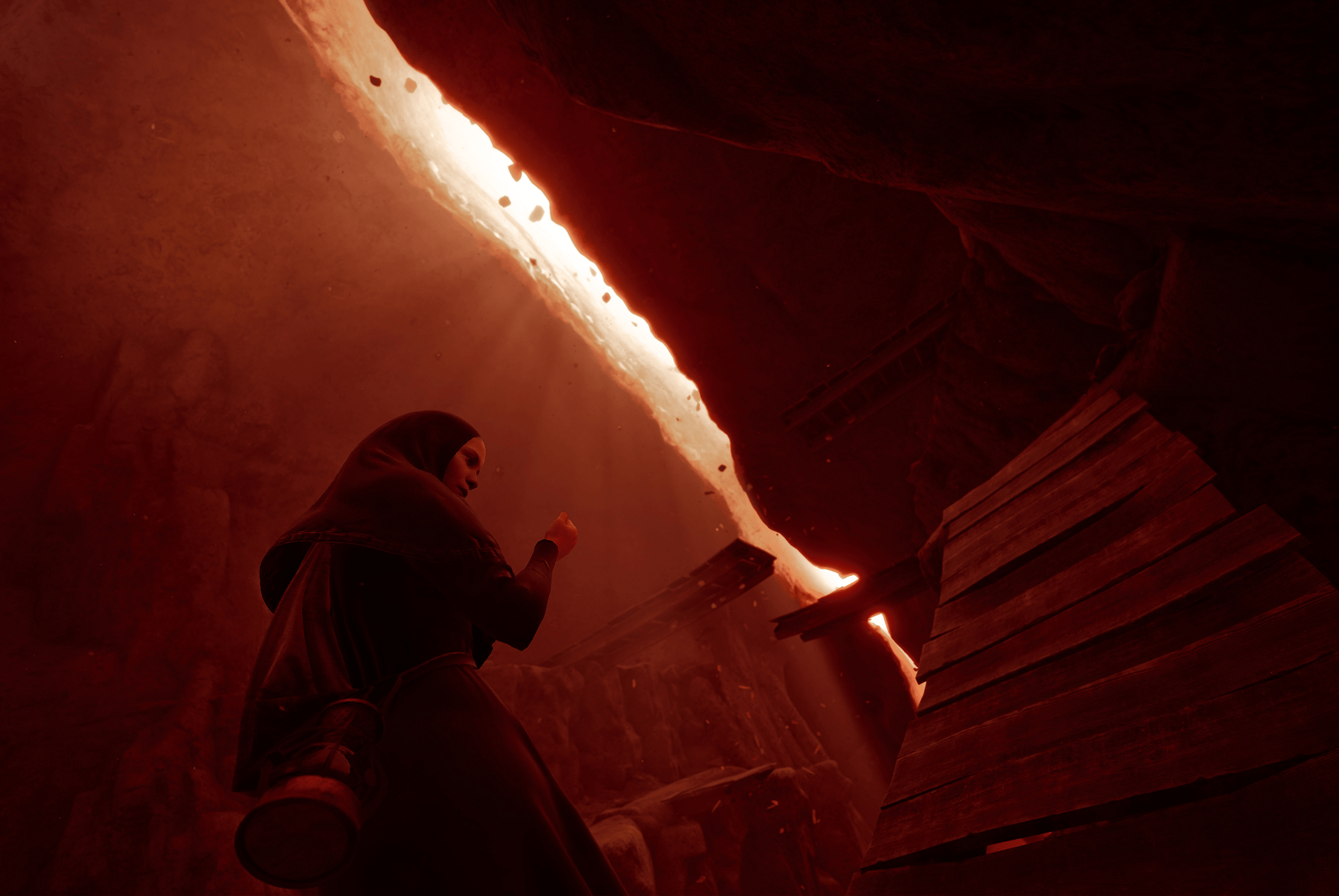 A nun is bathed in red light in arthouse game Indika.