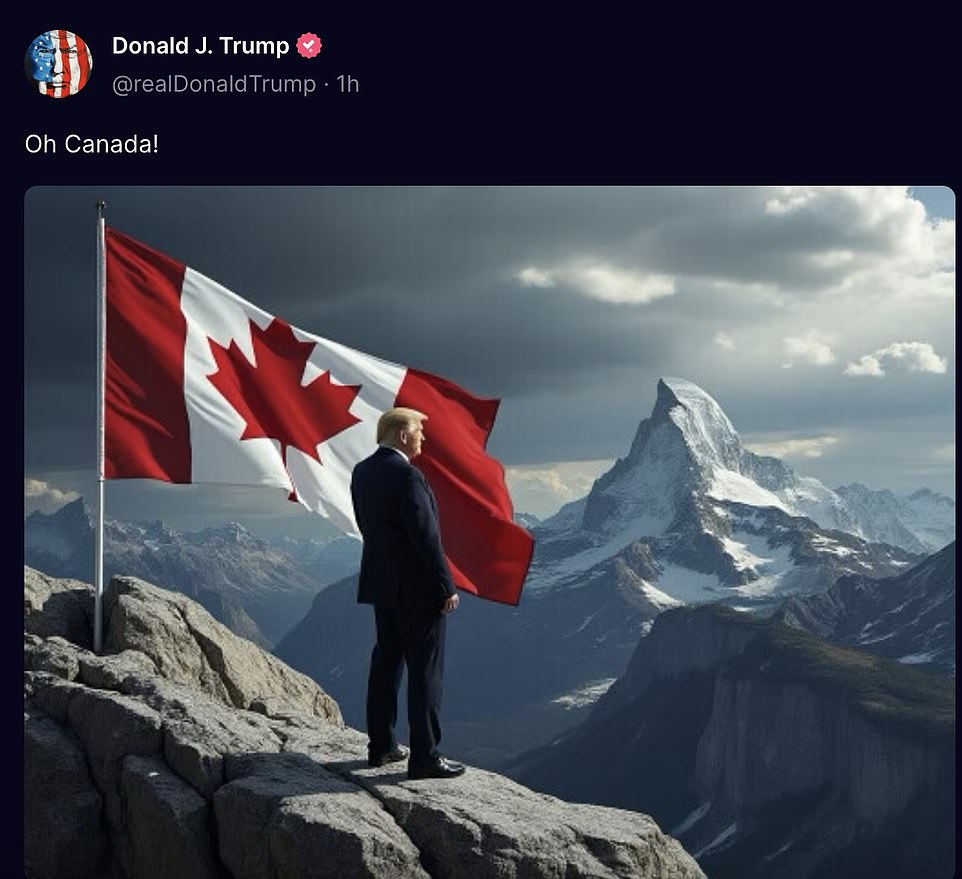 One of the largest imports from Canada to the US is crude oil and related products. It also imports cars and car parts, machinery and more. More than 75 percent of the products Canada exports go to the US. But Trump wasn't done trolling Canada before he came to power. On Tuesday, he posted on Truth Social a computer-generated image of him next to a Canadian flag, looking out over the mountains. His caption was simply “oh Canada!”