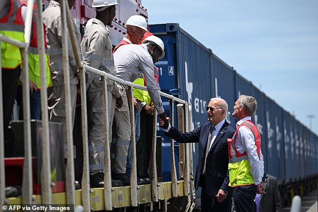 President Joe Biden meets with Lobito Atlantic Railway (LAR) employees with Director of Operations (COO) at LAR Nicolas Gregoir at the Port of Lobito