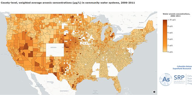 The map above shows arsenic levels in public drinking water by county in the US. It dates from 2006 to 2011