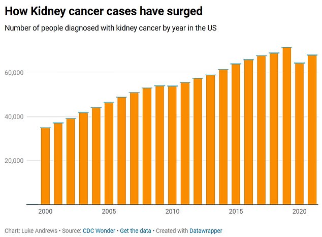 The above shows cases of kidney cancer per year in the US, according to the CDC