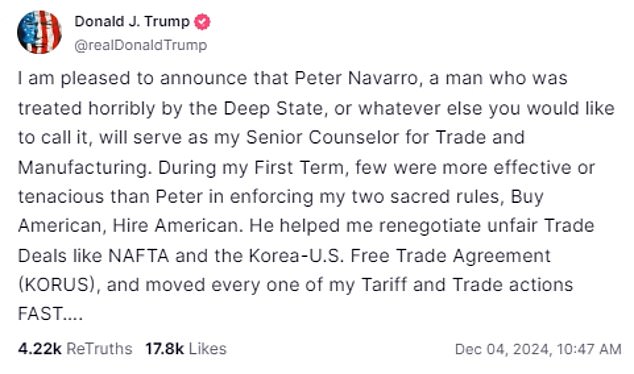 1733359955 87 Trump welcomes Peter Navarro back to White House in top