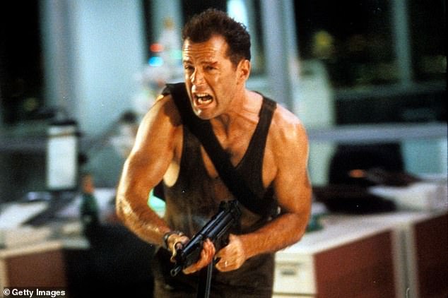 The first Die Hard film – Fry's second credited role – is sometimes called a holiday film due to its Christmas Eve setting; Bruce Willis seen above in the film