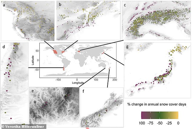 This map from a previous study shows how each ski area will be affected by climate change by 2100. The purple squares show areas that will not see snow-covered days, while the yellow dots show regions that will not be affected.