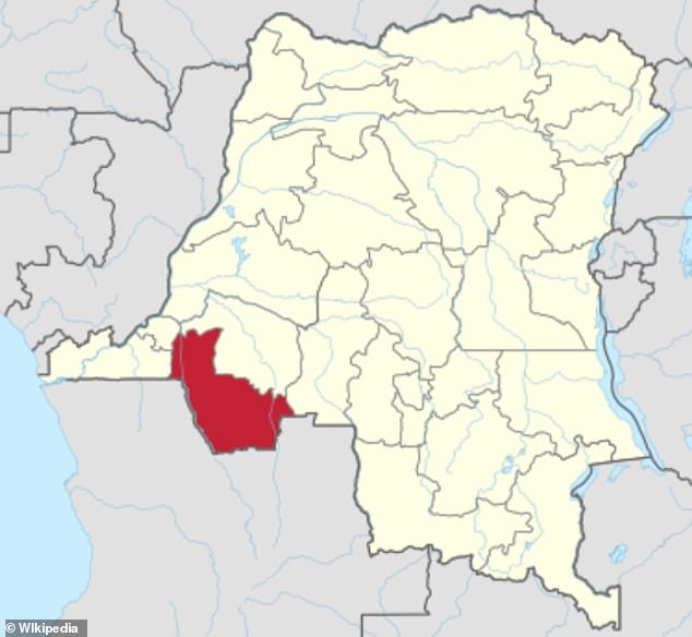 The above map shows the Democratic Republic of Congo and highlights the province of Kwango where the outbreak has been recorded