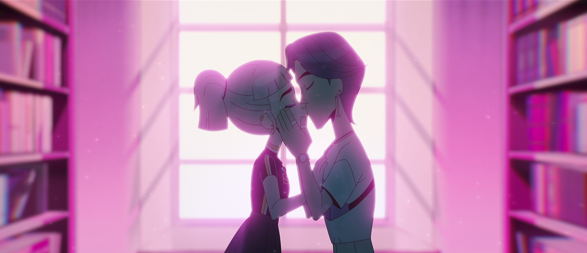 Two teens share a kiss in a library, framed by soft pink lightning in Jentry Chau vs. theUnderworld