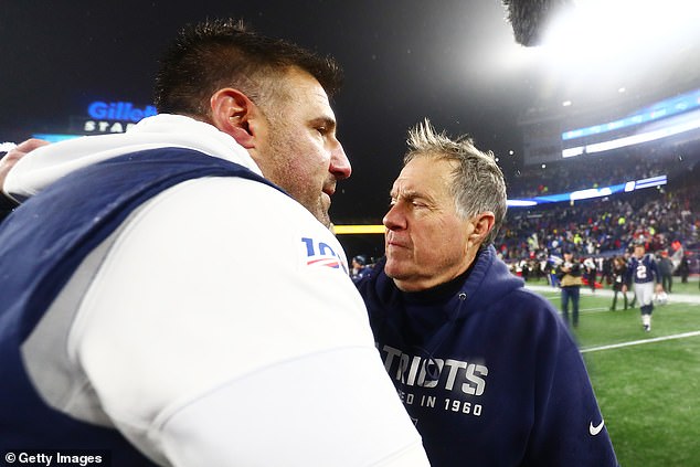 Vrabel is congratulated by head coach Bill Belichick after 2020 playoff win at Foxborough