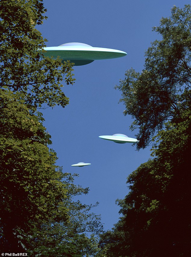 Above, three classic flying saucers in a photodramatization