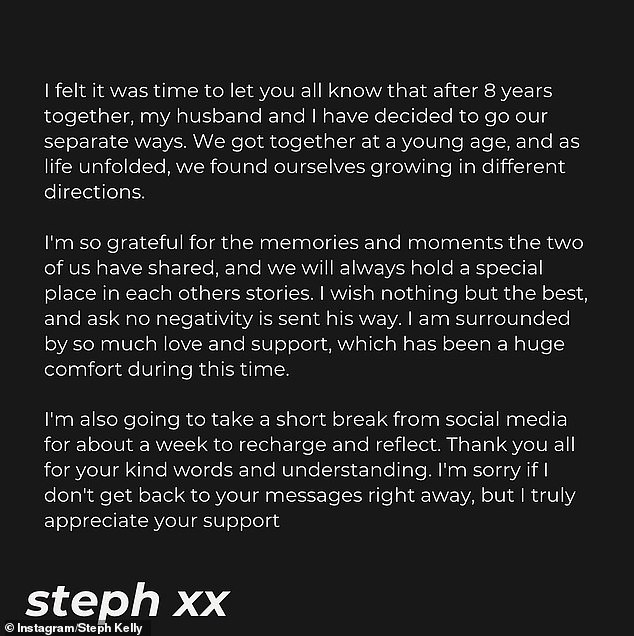 Stephanie Kelly posted an announcement on social media Tuesday that her marriage was ending