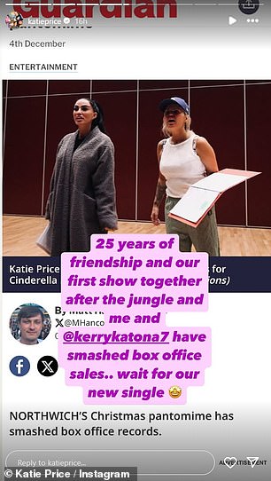 Katie wrote: '25 years of friendship and our first show together after the jungle and me and @kerrykatona7 crushed the box office sales... waiting for our new single'