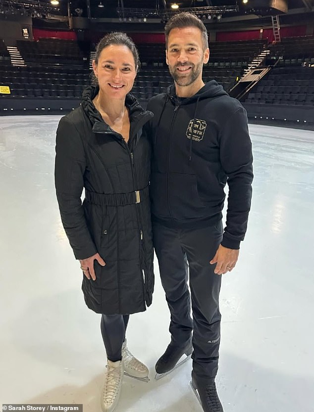 Sarah, who was due to compete on the ice with her professional skating partner Sylvain Longchambon (pictured), revealed she is now recovering after surgery as she shared a photo wearing crutches and a leg cast