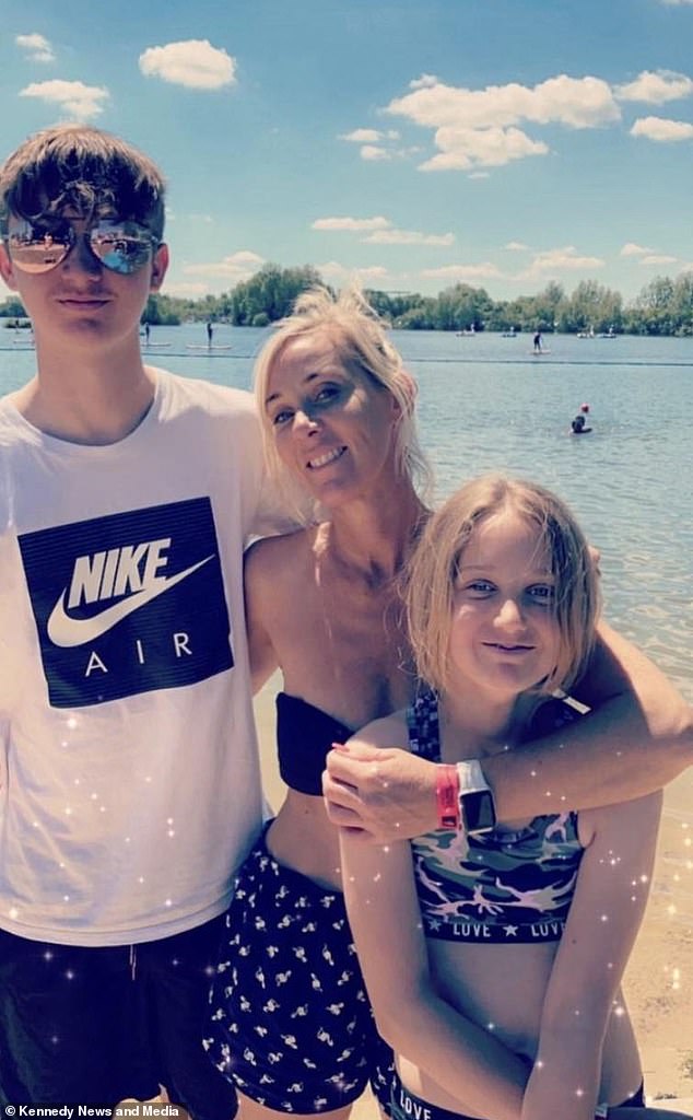 Last year Michelle Sword, 45, pictured with her two children Cadie (right), 13, and Coen (left), 18, told how she collapsed after taking a slimming shot she bought online