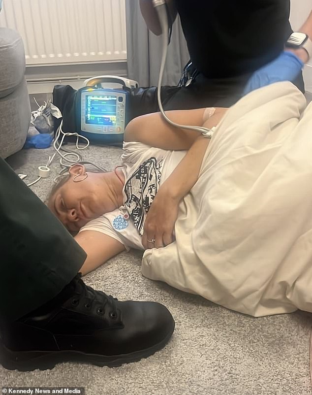 Ms Sword said the doctors who saved her life called her recovery almost miraculous. In the photo he is being cared for by medics after taking the fake shot