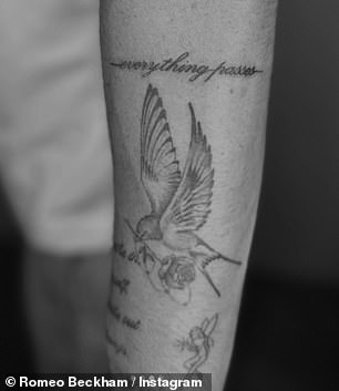 Romeo continues to follow in his father's footsteps after he already had an image of a bird with a rose in its beak on his other arm with the words: 'All things pass'